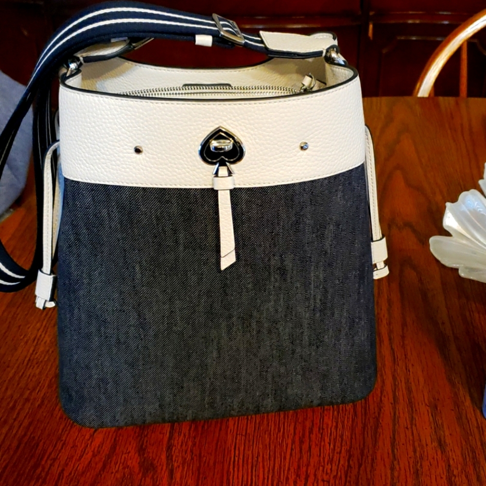 Kate Spade denim and white leather bucket bag
